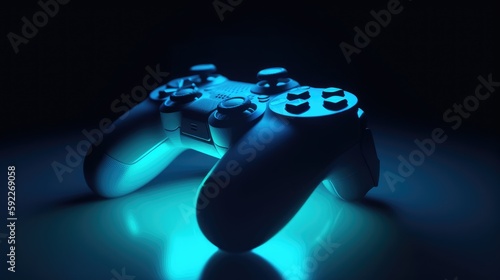 Futuristic neon gamepad on dark background photo