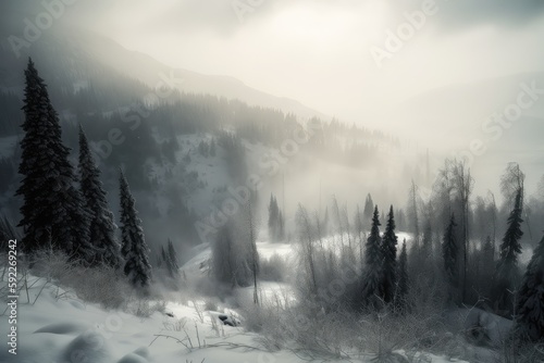 Fotobehang snowstorm descends upon winter landscape, with view of trees and mountains in th