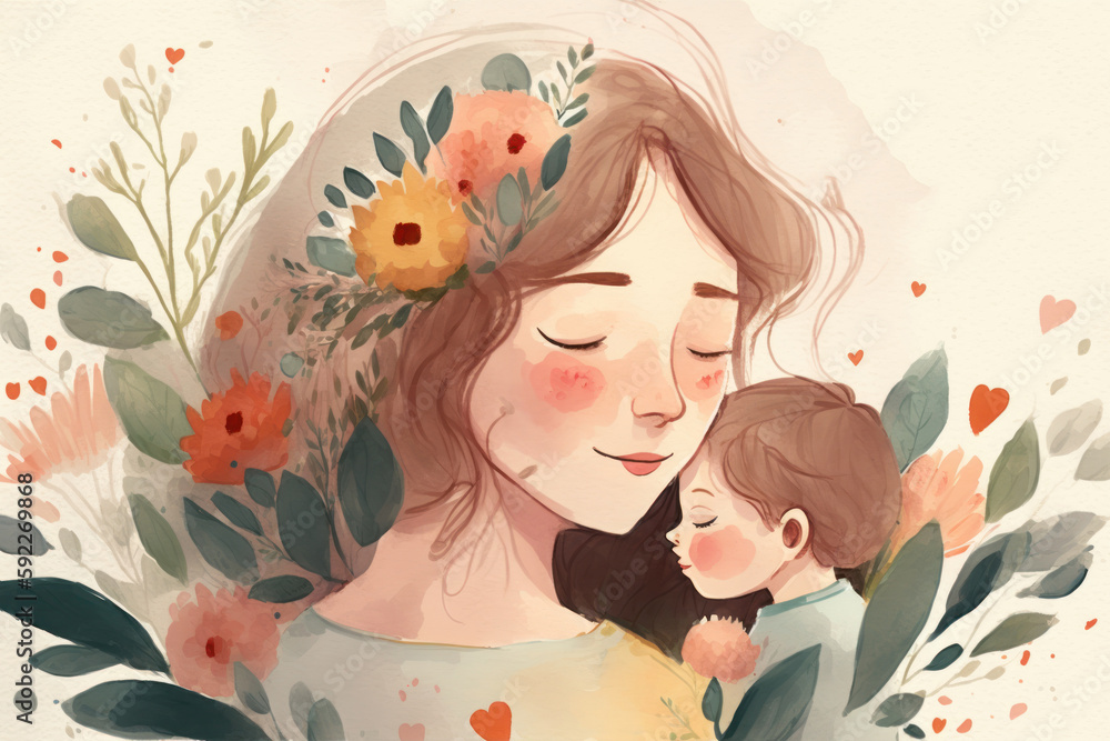Hand drawn mother day graphic illustration banner template copy space background watercolor style. Generative ai.	
