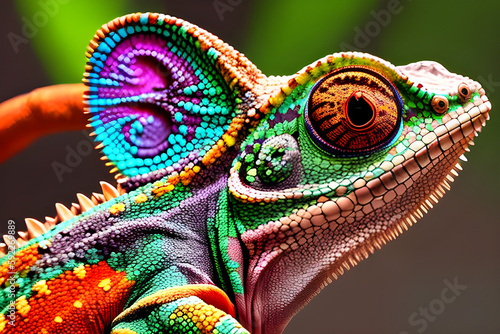 Nice Colorful Chameleon At Closeup ,Chameleon Sitting ,nature ,reptile ,lizard ,dragon , animal .illustration ,green ,branch