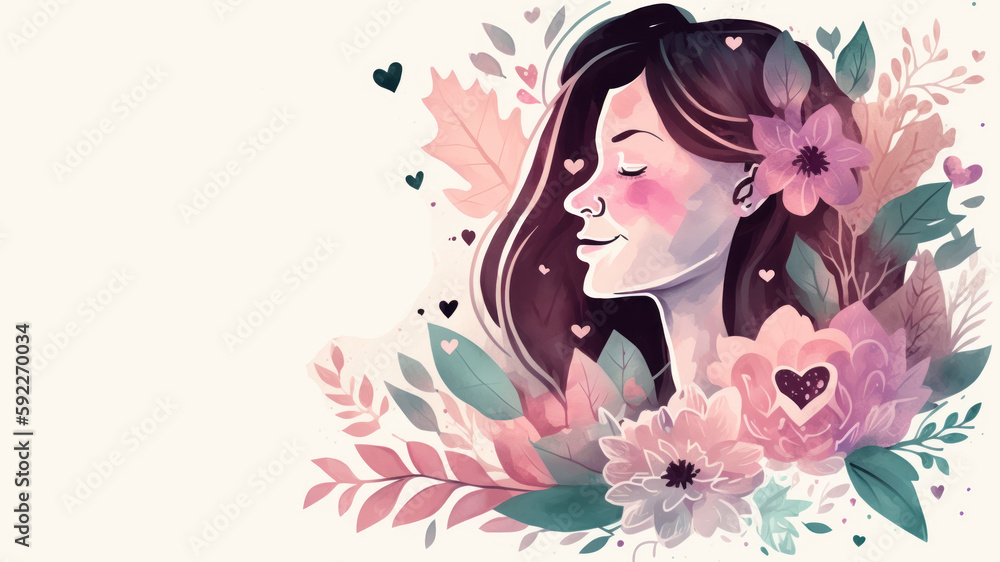 Hand drawn mother day graphic illustration banner template copy space background watercolor style. Generative ai.	