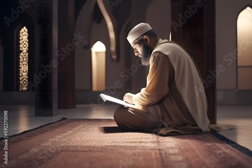 a man sitting alone in his room reading a book, in the style of islamic art and architecture - Generative AI photo