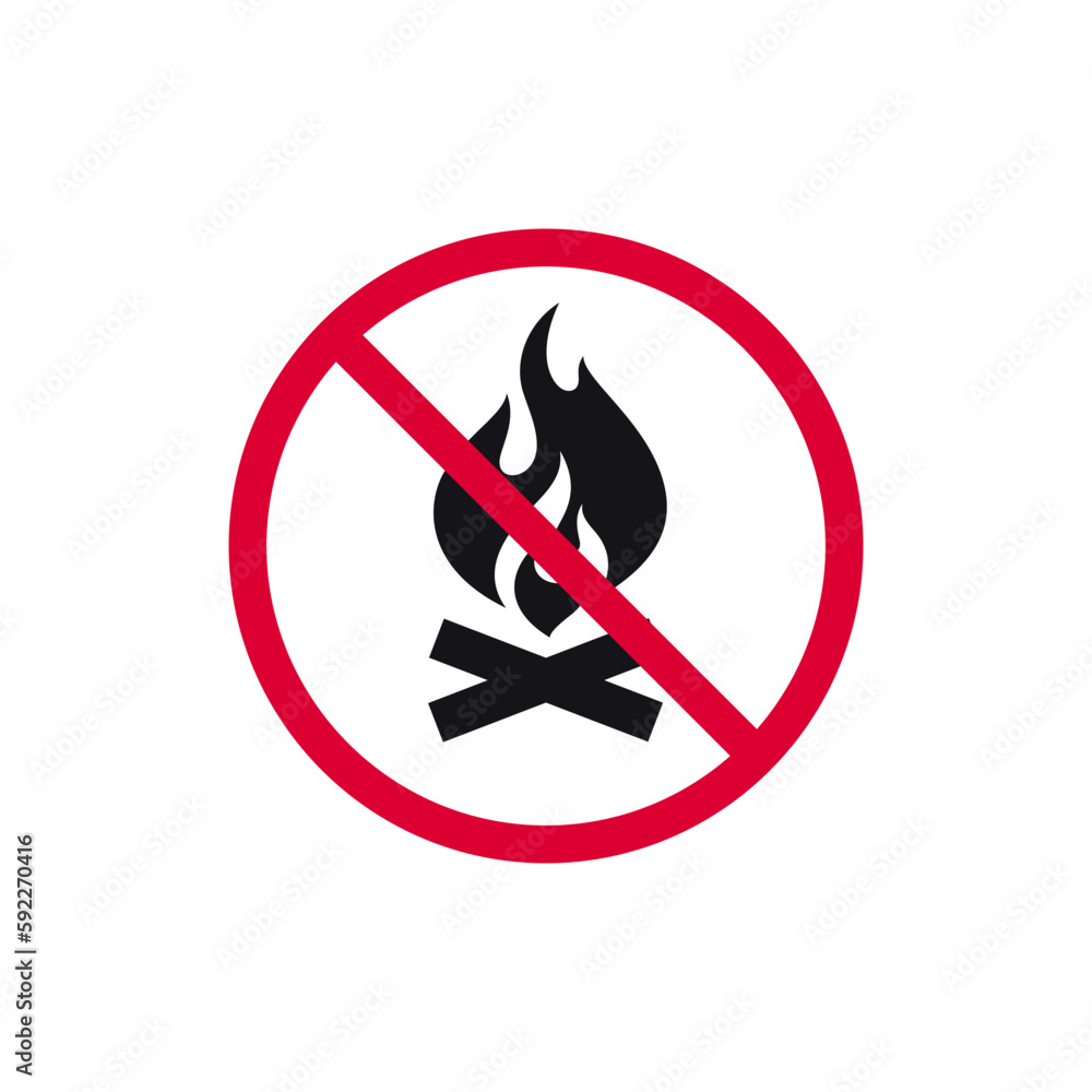 No bonfire prohibited sign, no fire forbidden modern round sticker, vector illustration. No bonfire prohibited sign, no fire forbidden modern round sticker, vector illustration.