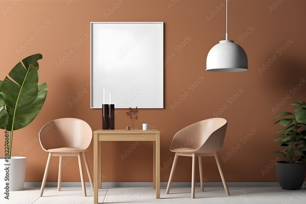Fototapeta premium 3d living room with framed wall art, wooden floor, lamp, and plant on orange background, in the style of minimalist backgrounds - generative ai
