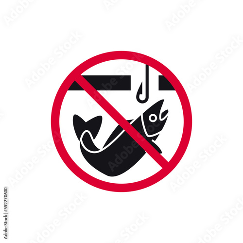 No ice fishing prohibited sign, no winter fishing forbidden modern round sticker, vector illustration.