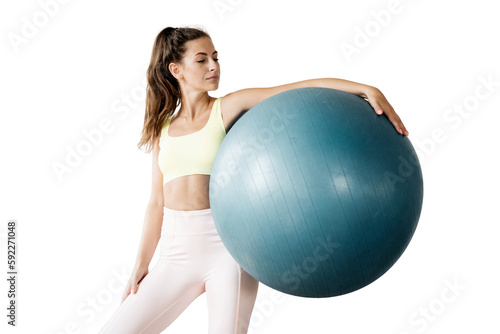 Fitness ball balance and harmony woman warm-up workout fitness instructor pose yoga asana, healthy lifestyle, transparent background.