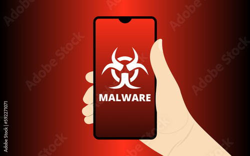 illustration of a hand holding a cellphone that has malware on it
