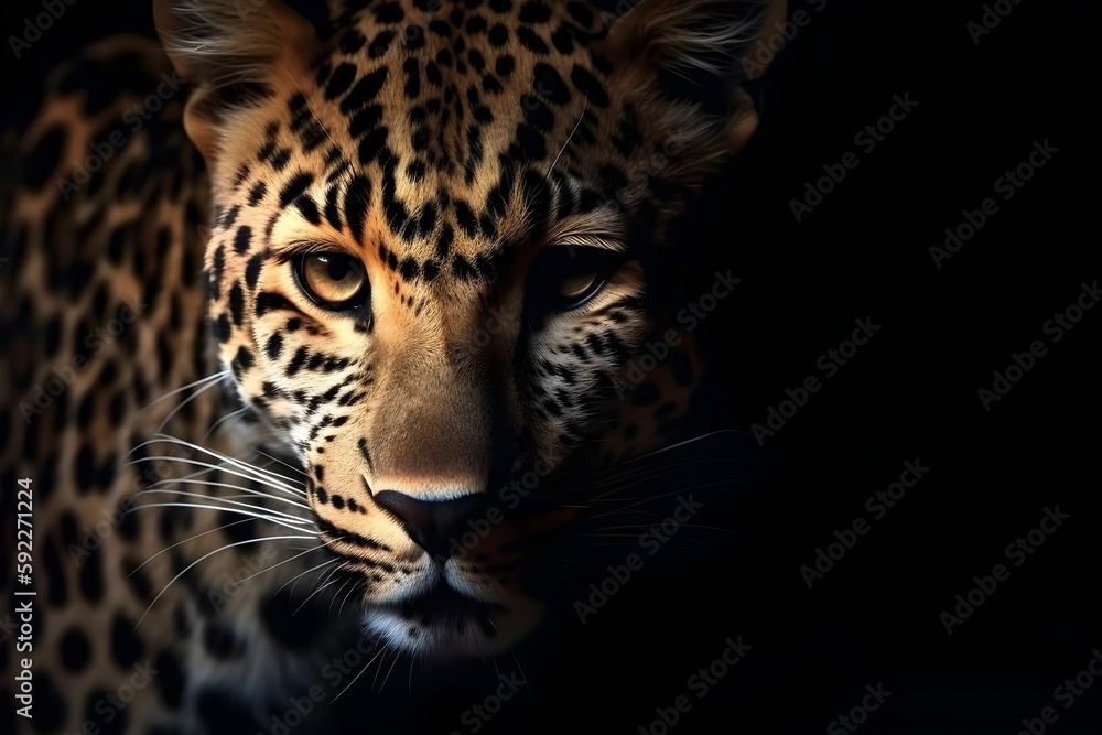 Close up portrait of leopard with intense eyes - Generative AI Close up portrait of leopard with intense eyes - Generative AI