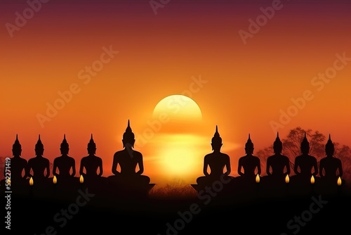 Jour Magha Asanha Visakha Puja. Silhouette de Bouddha sur fond de coucher de soleil flou