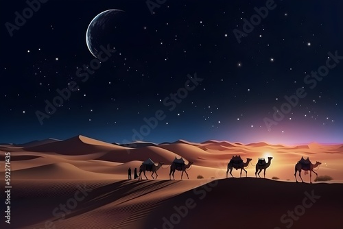 desert camels with a star, in the style of mystical landscapes, travel, Milky Way galaxy and stars in the sky - Generative AI photo