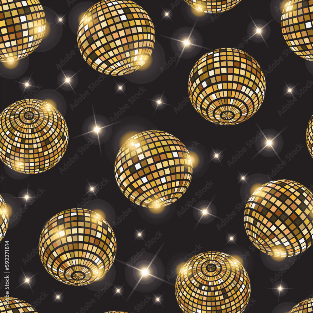 Disco balls seamless pattern in gold. Kitchen disco, boogie, 70s good vibes. Music, parties, festivals. Retro and vintage print.