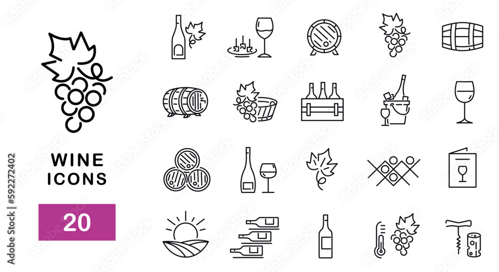 Simple Set of 20 Wine Icons. Vector Line Icons.  Wine barrel , wineglass, grape leaves icons. Design signs for banner,  web page, mobile app, restaurant. Vector illustration - obrazy, fototapety, plakaty 
