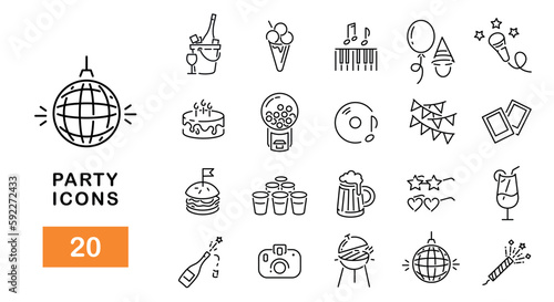 Simple Set of 20 Party Icons. Vector Line Icons. Ice cream, beer , grill , clapperboard, ballon icons. Design signs for banner,  web page, mobile app and more. Vector illustration