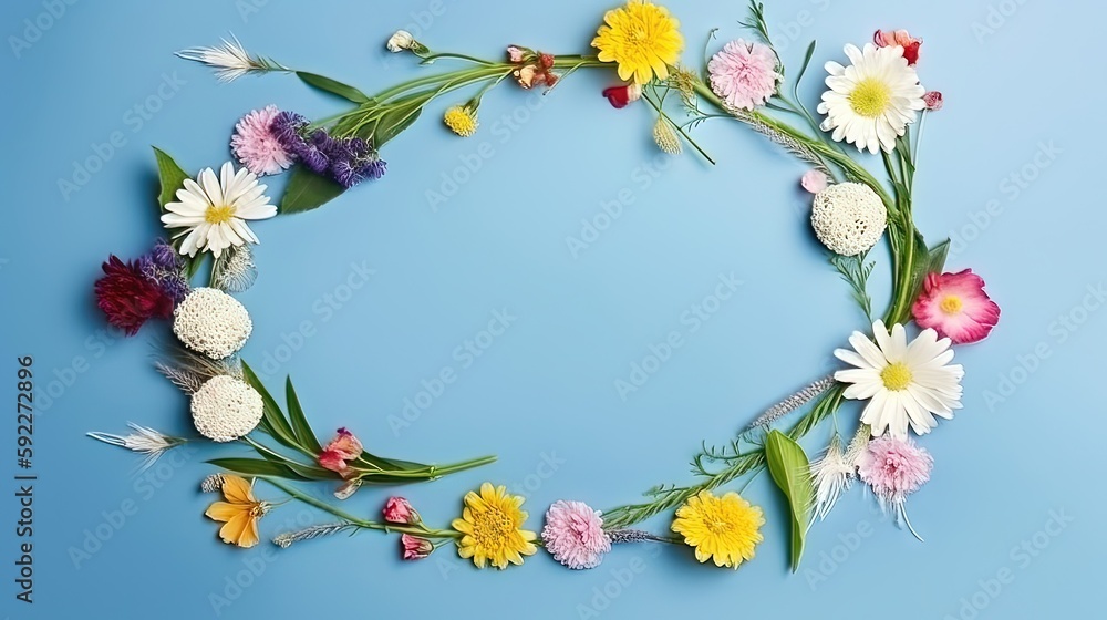 Cadre de fleur de printemps photo très détaillée sur fond bleu copie espace mise à plat maquette
