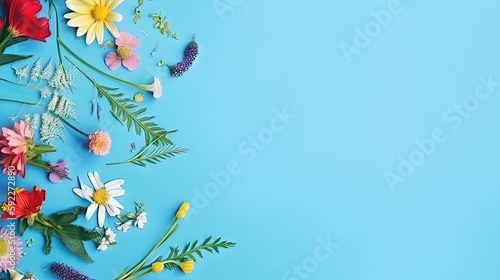 Cadre de fleur de printemps photo très détaillée sur fond bleu copie espace mise à plat maquette © MiniMaxi