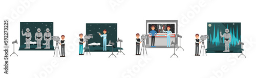 Young Male Cameraman Filming Movie with Actor Wearing Costume Vector Illustration Set