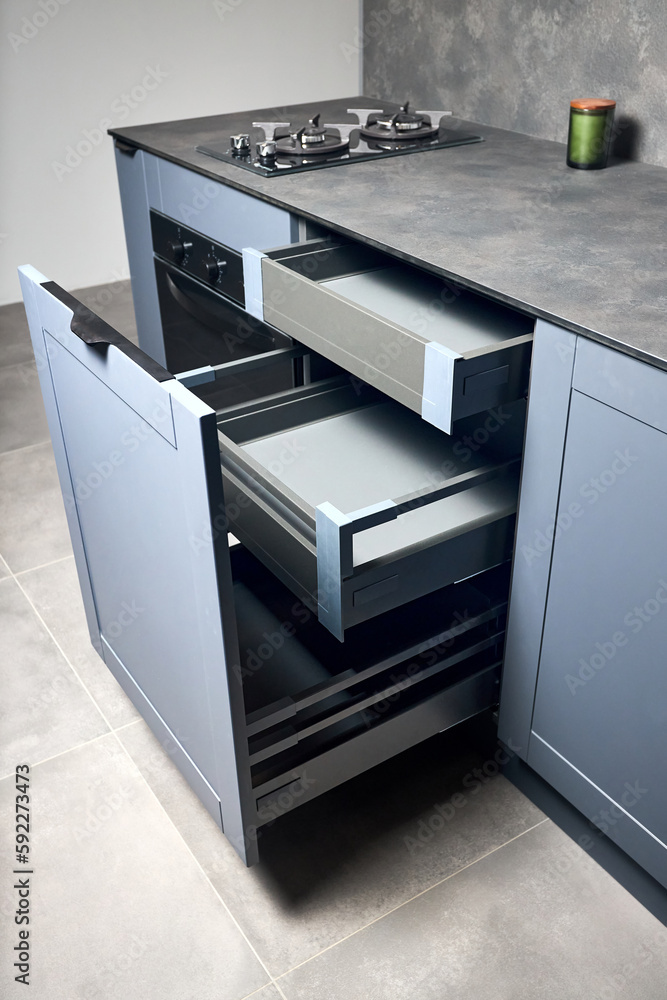 Vertical pull out rack cabinet drawer. Flush up slip handle finger pull ...