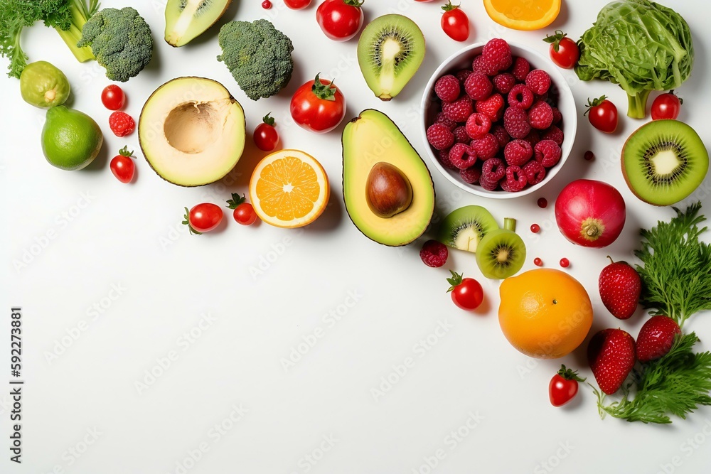 Healthy food on the white background isolated with copy space. Fruit, vegetable, seeds, superfood, leaf vegetable. Healthy eating concept. Generative AI Healthy food on the white background isolated with copy space. Fruit, vegetable, seeds, superfood, leaf vegetable. Healthy eating concept. Generative AI