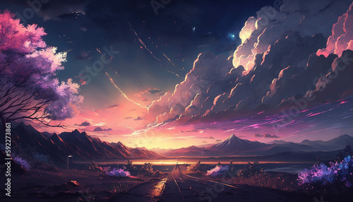 Lonely road at sunset. Anime style wallpaper. AI © NadiaArts