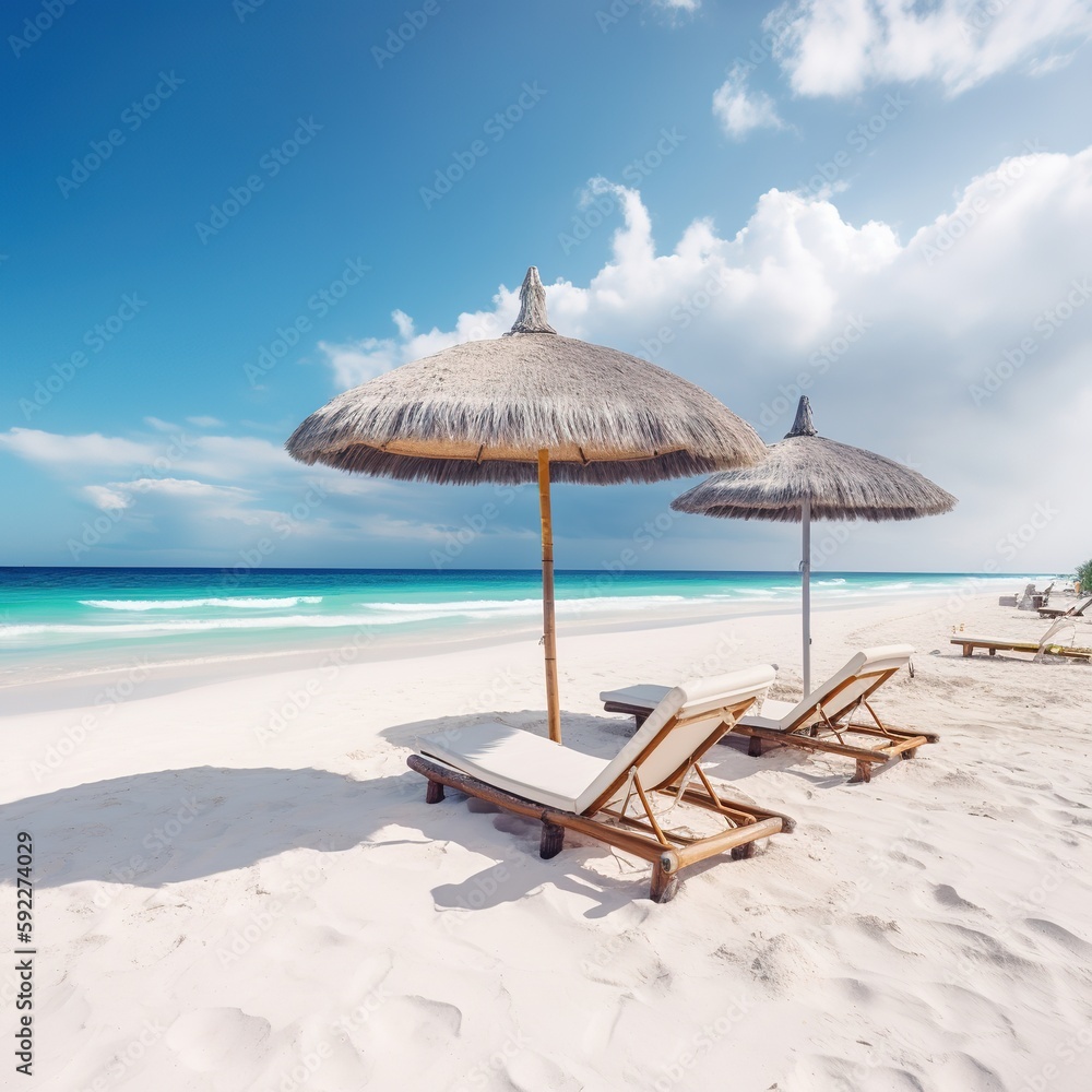 lounge chairs and umbrella on the beach, Beautiful beach banner. White sand, chairs and umbrella travel tourism wide panorama background concept. generative ai