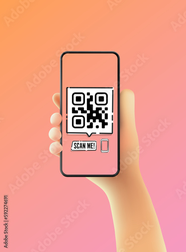 A vector cartoon hand is holding a black smartphone with a QR code and "scan me" text, framed with a modern frameless design, and isolated on a orange to pink gradient background. Template for the pho