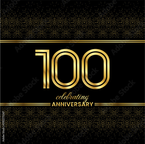 100 Golden Double Line Number. 100 Anniversary invitation cover with glitter separated by golden double lines on a black background