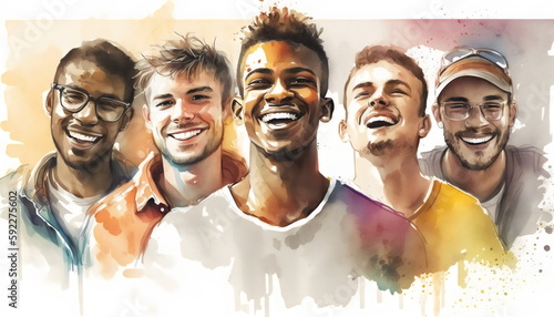 group of diverse young men in watercolor isolated on cream, made with generative ai photo