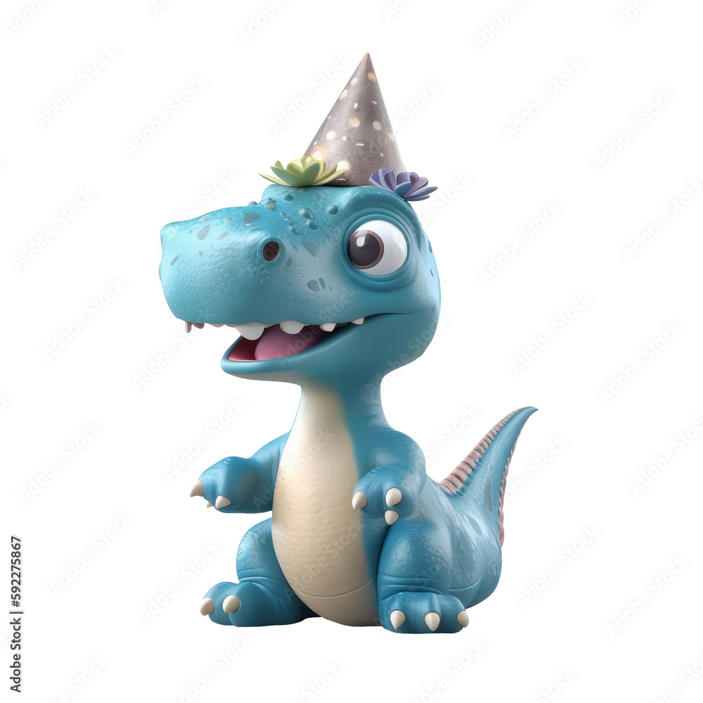3d icon cute Dino Funny blue Dinosaur with cap and balls happy Birthday party illustration in cartoon style on Isolated Transparent png background. Generative ai