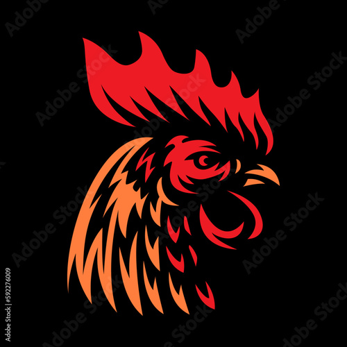 Rooster head logo mascot illustration in red and orange colors, isolated on black