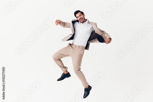 man jacket running happy businessman winner smiling beige victory suit background business flying