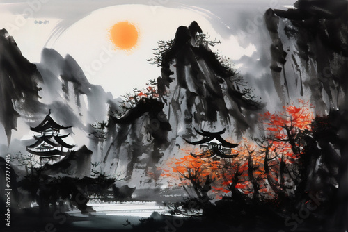 Asian sumi-e painting of maple trees in mountains against moon. Digitally generated AI image