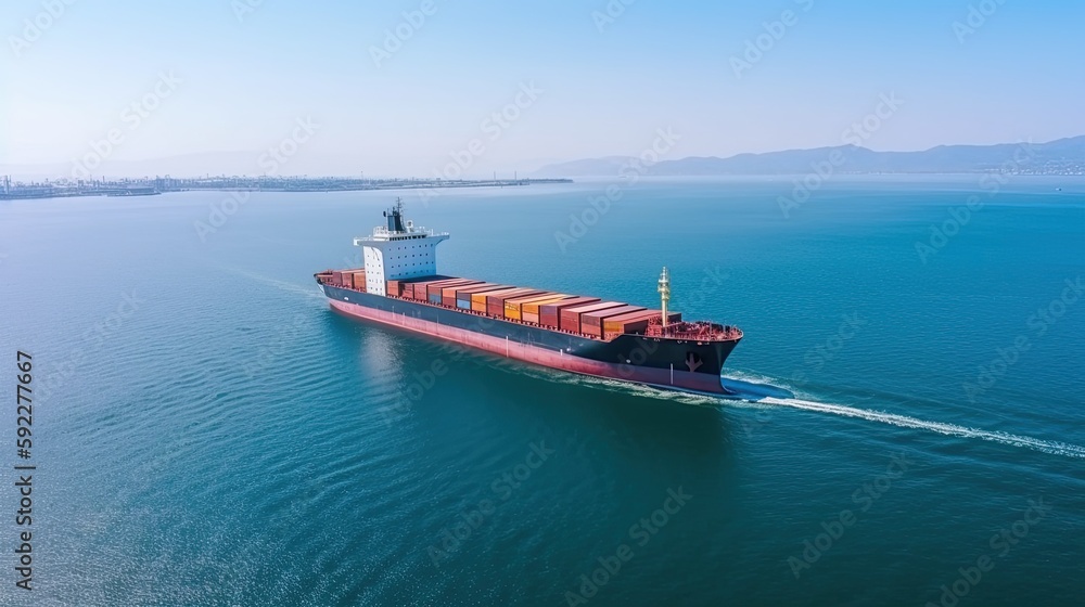 Aerial view of a cargo container ship in the ocean, business logistics concept, generative ai Aerial view of a cargo container ship in the ocean, business logistics concept, generative ai
