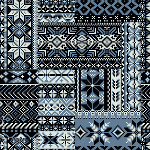 Nordic traditional knitted snowflakes jacquard patchwork abstract winter textile vector seamless pattern