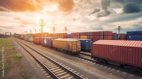 freight train with cargo containers at sunset, business logistics concept, generative ai
