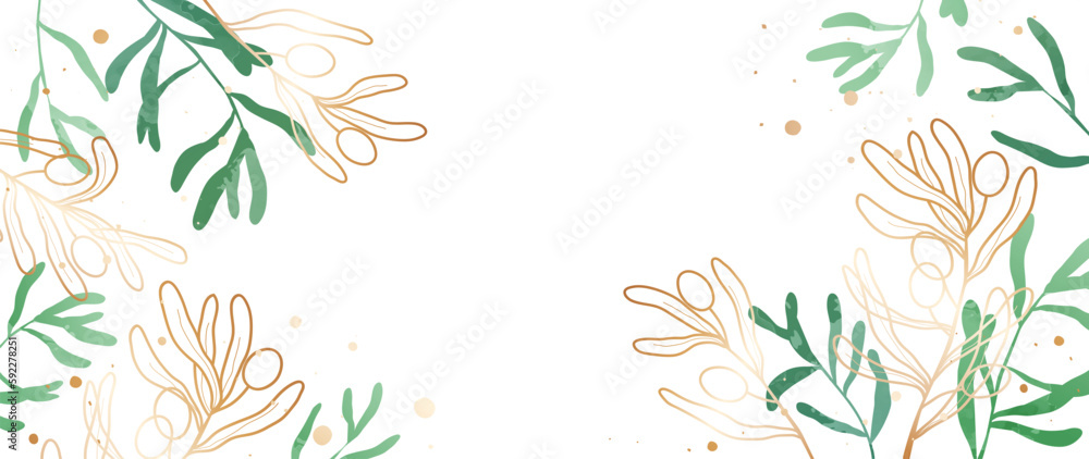 Fototapeta premium Luxury botanical watercolor background. Botanical golden olive branches with golden line texture and green branches. Illustration design for wedding cover template, banner, fabric.