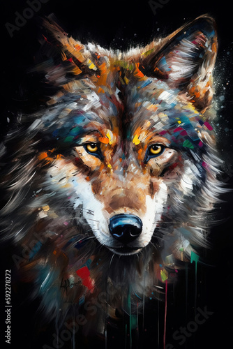 Majestic wild wolf artistic portrait. Digitally generated AI image.