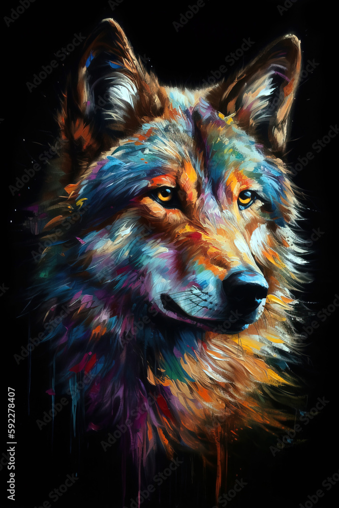 Majestic wild wolf artistic portrait. Digitally generated AI image. Majestic wild wolf artistic portrait. Digitally generated AI image.
