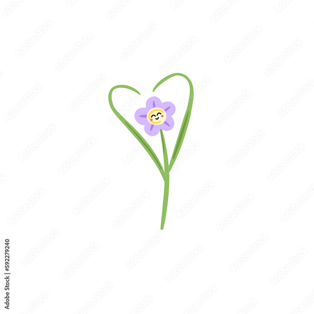 purple illustrated flower with cute face and heart shaped leaf arms. cute groovy hand drawn stretching yoga flower purple illustrated flower with cute face and heart shaped leaf arms. cute groovy hand drawn stretching yoga flower