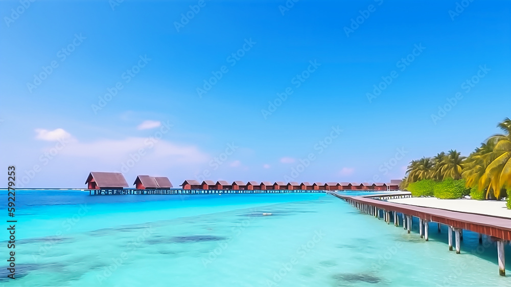 A island with a row of bungalows and a blue ocean banner