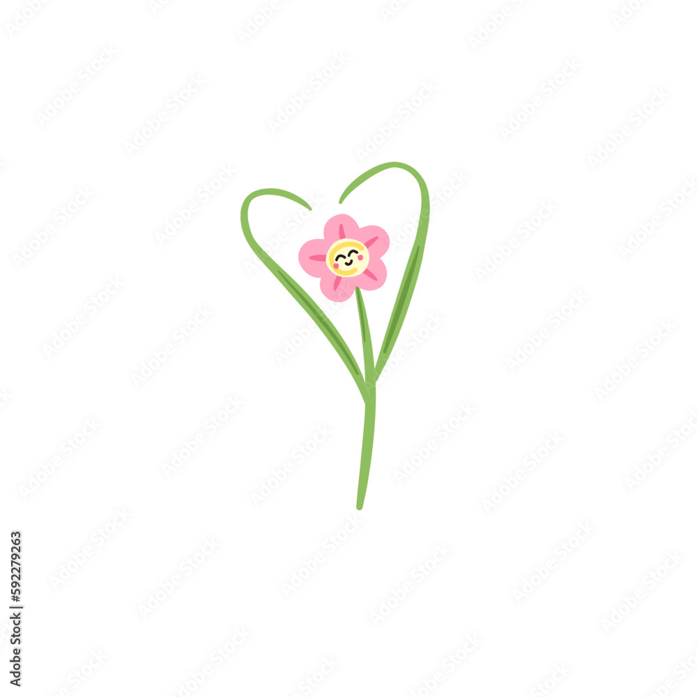hand drawn pink stretching cartoon flower with happy face isolated on a transparent background. Illustrated cute flower with heart leafs