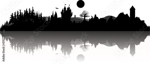 Silhouette: Mittelalterliche Fantasy Landschaft mit Spiegelung - Mond, Wolf, Burg, Türmen, Bergen und Wälder