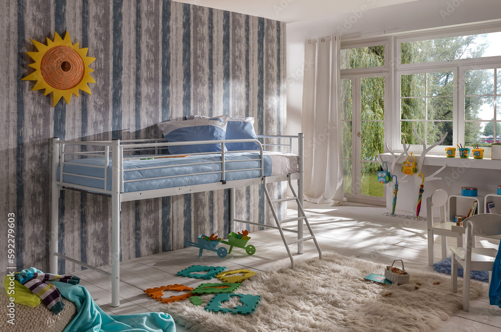 Obraz premium interior of a room with white bunkbed , children bed