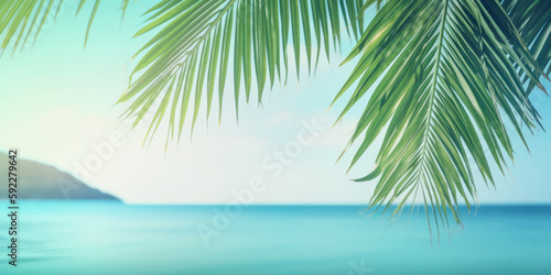 Vacation background with palm leaves - Generative AI