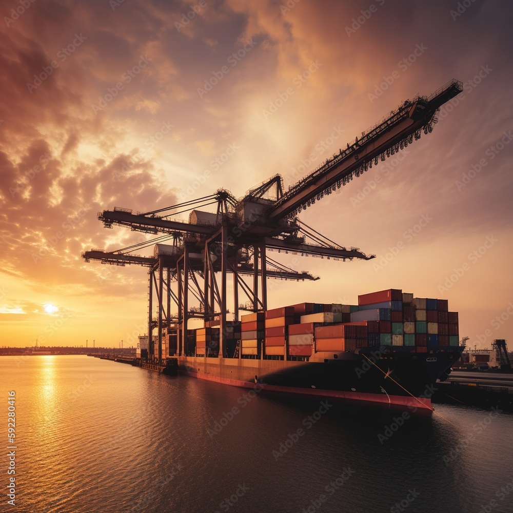 Fototapeta premium crane loading cargo container to container ship in the international terminal logistic sea port concept freight shipping by ship at sunset. generative ai