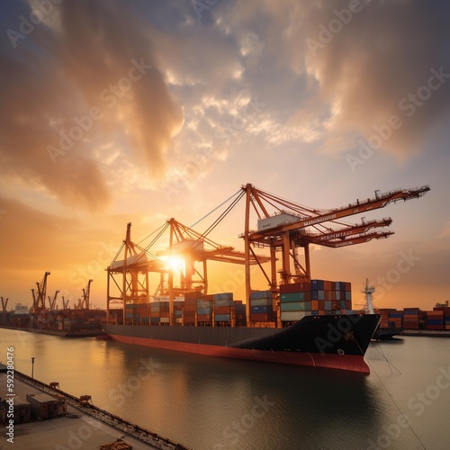 Transportation Logistics Import-Export and Container Cargo Freight Background: Ship, freight train, cargo airplane, container truck at industrial port dock yard. generative ai