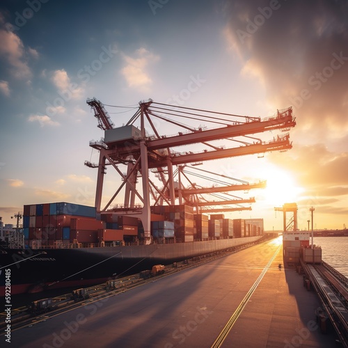 Container port with large ship being loaded and unloaded with gantry crane. International shipment and global freight transport. generative ai