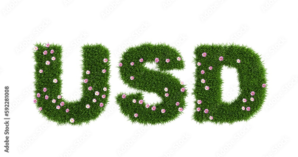 USD sign made of green grass with flowers; the concept of increasing the US dollar in the forex market; currency growth; 3d rendering USD sign made of green grass with flowers; the concept of increasing the US dollar in the forex market; currency growth; 3d rendering