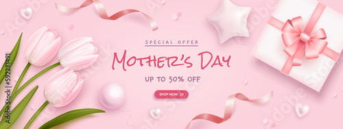 Mother's day sale poster or banner set with sweet hearts, envelope, bouquet of tulips and gift box on pink background