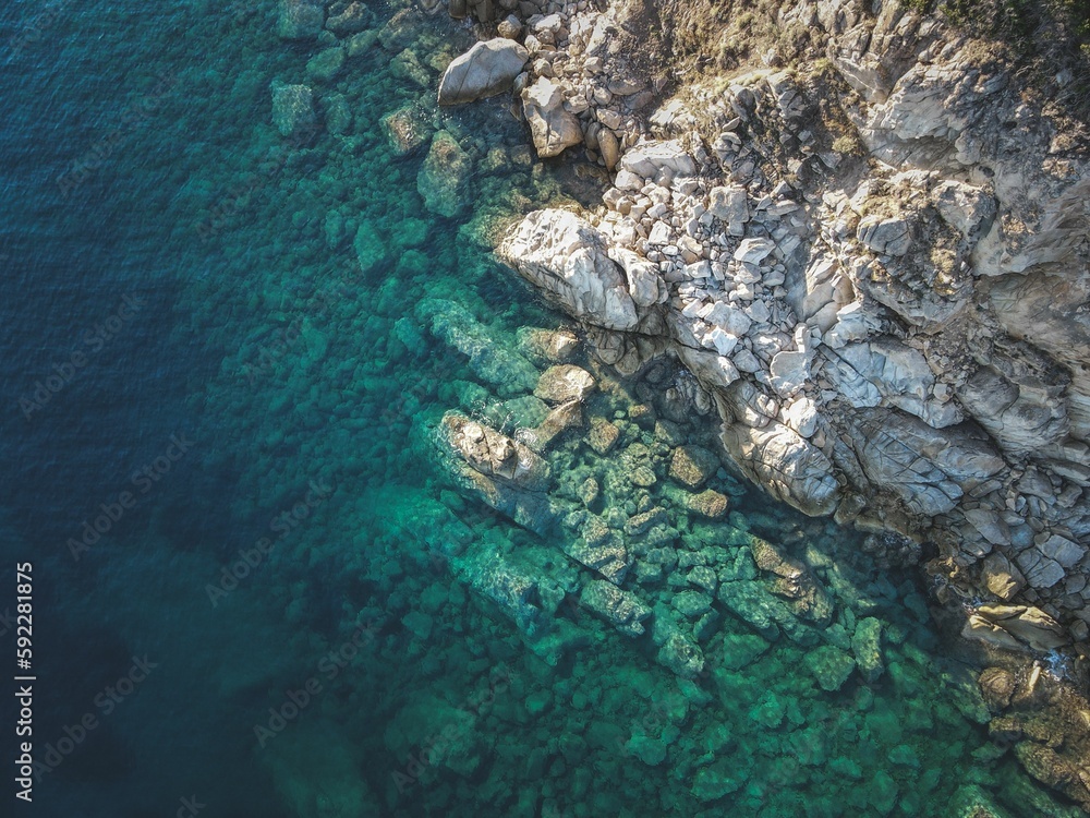 Top view of a rocky tropical coast