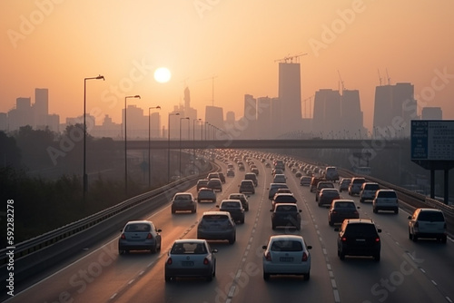 Busy urban highway surrounded by skyscrapers, during sunrise